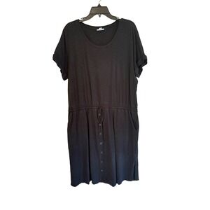 J. Jill Womens XL Black Cotton Modal Drawstring Waist Button Front Pocket Dress